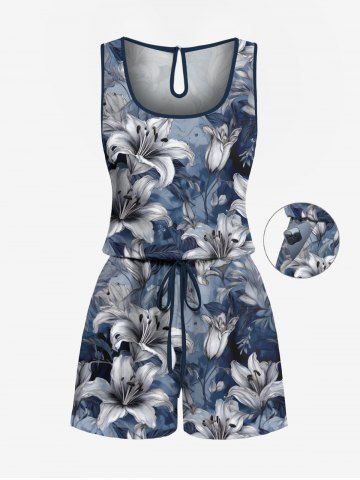 Plus Size Flowers Leaf Ombre Print Cinched Hawaii Romper - BLUE - XXS