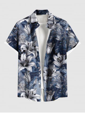 Plus Size Flowers Leaf Ombre Print Buttons Pocket Hawaii Shirt For Men - BLUE - 4XL
