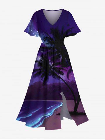 Plus Size Coconut Tree Sea Waves Galaxy Star Print Split Hawaii Midi Dress - PURPLE - M