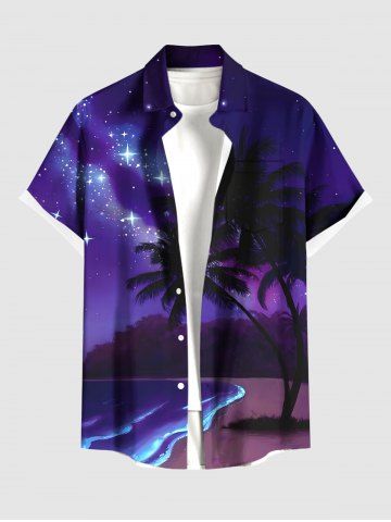 Plus Size Coconut Tree Sea Waves Galaxy Star Print Buttons Pocket Hawaii Shirt For Men