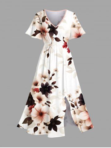 Plus Size Flowers Leaf Print Split Hawaii Midi Dress - WHITE - XXS
