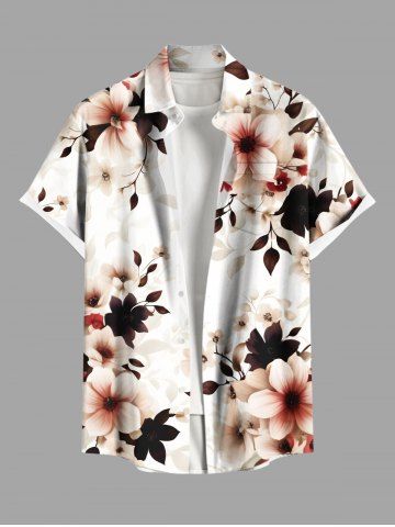 Plus Size Flowers Leaf Print Buttons Pocket Hawaii Shirt For Men - WHITE - 2XL