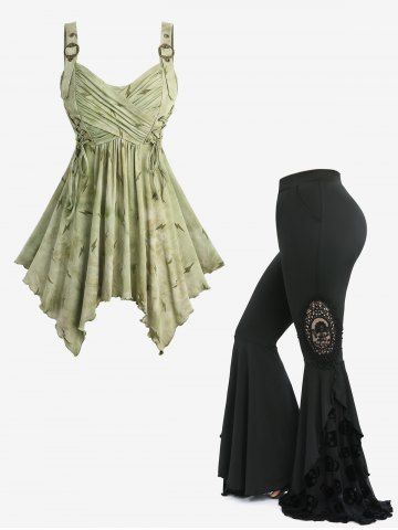 Tie Dye Print Surplice Lace Up Tank Top and Skull Mesh Flocking Applique Flare Pants Plus Size Outfit - GREEN