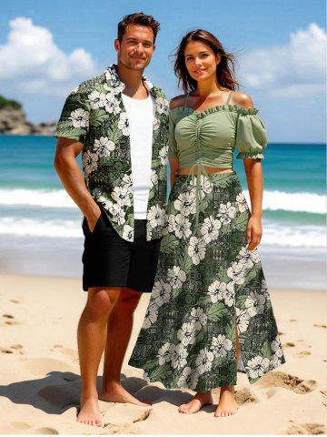Hibiscus Flowers Leaf Scarf Print Plus Size Matching Hawaii Beach Outfit For Couples - GREEN
