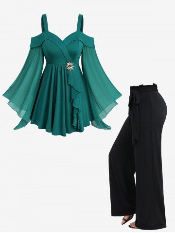Starfish Buckle Surplice Lettuce Cold Shoulder Flare Sleeves Top and Waist Ruffles Wide Leg Pants Plus Size Outfit - GREEN