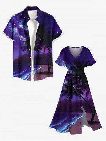 Coconut Tree Sea Waves Galaxy Star Print Plus Size Matching Hawaii Beach Outfit For Couples - PURPLE