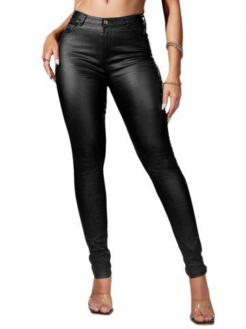 Zipper Fly Pockets Solid Color Long Skinny PU Pants - BLACK - 3XL