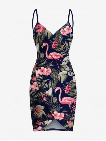 Plus Size Tropical Leaf Hibiscus Flower Flamingo Print Hawaii Convertible Beach Cover Up - BLACK - XS