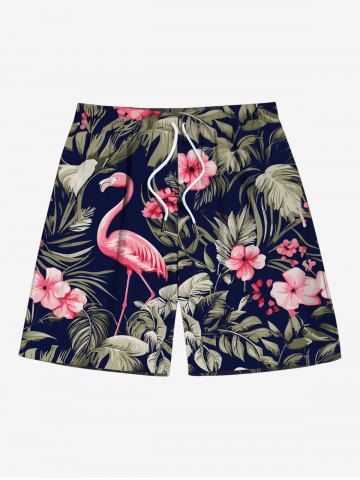 Plus Size Tropical Leaf Hibiscus Flower Flamingo Print Hawaii Drawstring Pocket Beach Shorts For Men - BLACK - M