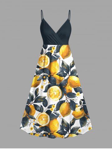 Plus Size Lemon Leaf Print Hawaii Surplice A Line Cami Dress - YELLOW - 6X