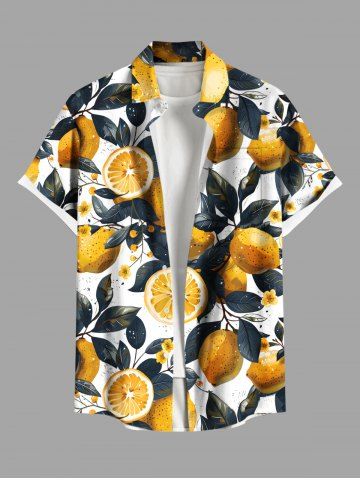 Plus Size Lemon Leaf Print Hawaii Button Pocket Shirt For Men - YELLOW - 4XL