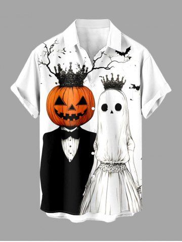 Plus Size Pumpkin Ghost Bride Bridegroom Crown Bat Tree Print Halloween Button Pocket Shirt For Men - WHITE - 6XL