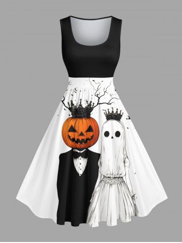 Plus Size Pumpkin Ghost Bride Bridegroom Crown Bat Tree Print Halloween 1950s Vintage Swing A Line Dress - BLACK - L