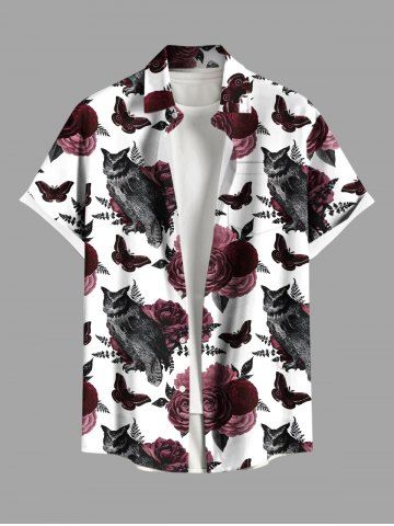 Plus Size Rose Flower Leaf Butterfly Owl Print Halloween Button Pocket Shirt For Men - WHITE - L