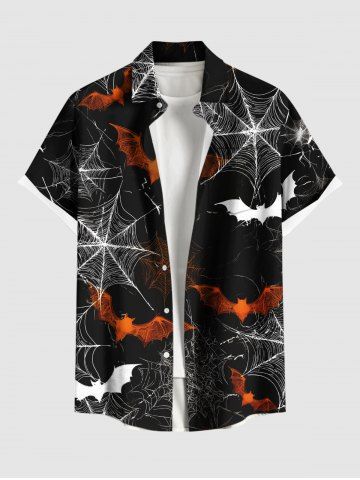 Plus Size Bat Spider Web Print Halloween Button Pocket Shirt For Men - BLACK - S