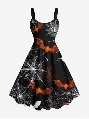 Plus Size Bat Spider Web Print Halloween A Line Tank Dress - BLACK - XXS