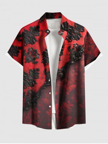 Plus Size 3D Ombre Vintage Flower Print Halloween Button Pocket Shirt For Men - RED - 4XL