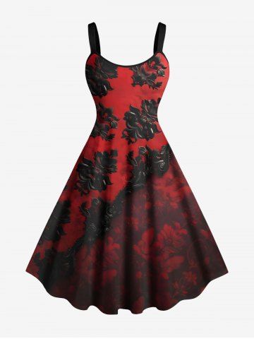 Plus Size 3D Ombre Vintage Flower Print Halloween A Line Tank Dress - RED - XS