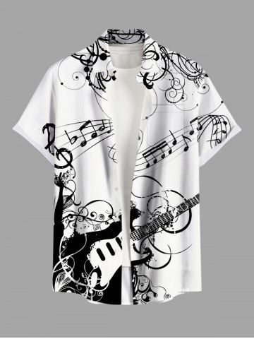 Plus Size Guitar Music Symbol Print Hawaii Button Pocket Shirt For Men - WHITE - 5XL