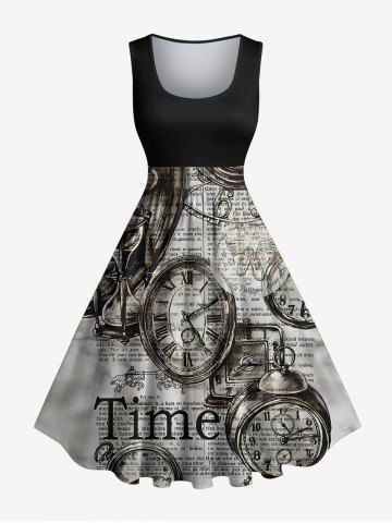 Plus Size Clock Newspaper Hourglass Print 1950s Vintage Swing A Line Dress - BLACK - 6X