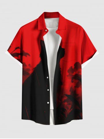 Plus Size Ink Painting Cat Print Halloween Button Pocket Shirt For Men - RED - 3XL