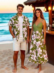 Flowers Leaf Print Plus Size Matching Hawaii Beach Outfit For Couples -  