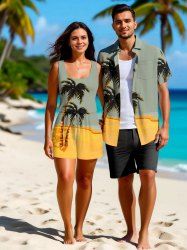Matching Hawaii Shirt and Romper Plus Size Beach Outfit Coconut Tree Beach Colorblock Printed for Couples -  