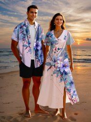 Flowers Leaf Paint Splatter Print Plus Size Matching Hawaii Beach Outfit For Couples -  