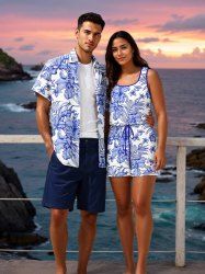 Ensemble chemise et barboteuse hawaïennes assorties, grande taille, tenue de plage, imprimé feuilles tropicales et hibiscus, pour couples - Bleu Ciel 