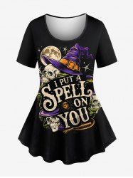 T-shirt grande taille imprimé chapeau d'Halloween, crâne, lune et étoiles - Noir 1X