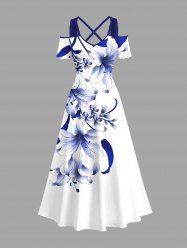 Plus Size Flowers Leaf Print Cold Shoulder Crisscross Hawaii Maxi Dress -  
