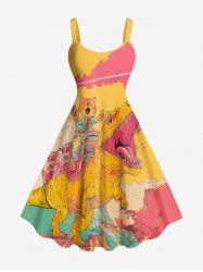Plus Size Cat Dinosaur Cloud Colorblock Print Hawaii Tank Dress -  