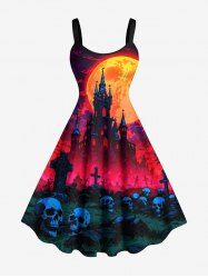Plus Size Halloween Moon Castle Skulls Cross Bat Print Tank Dress -  