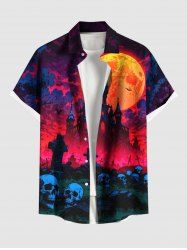 Plus Size Halloween Moon Castle Skulls Cross Bat Print Buttons Pocket Shirt For Men -  
