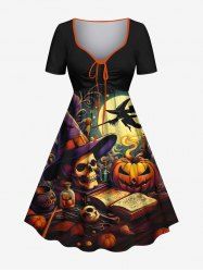 Plus Size Halloween Pumpkin Hat Skull Moon Book Print Cinched Dress -  