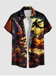 Chemise grande taille pour homme, avec imprimé citrouille, chapeau, crâne, lune, livre, boutons et poche - Brun 3XL