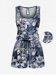 Plus Size Flowers Leaf Ombre Print Cinched Hawaii Romper -  