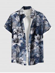 Chemise hawaïenne grande taille à imprimé floral et feuilles ombré, boutons et poches pour homme - Bleu 5XL