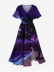 Robe mi-longue hawaïenne fendue grande taille à imprimé cocotiers, vagues, galaxie et étoiles - Pourpre  S