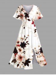Robe mi-longue hawaïenne fendue à imprimé fleurs et feuilles grande taille - Blanc 6X