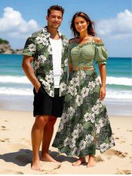 Foulard imprimé feuilles et fleurs d'hibiscus, grande taille, tenue de plage hawaïenne assortie pour couples - Vert 
