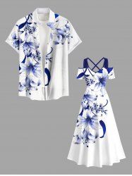 Flowers Leaf Print Plus Size Matching Hawaii Beach Outfit For Couples -  