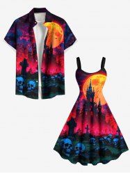 Tenue assortie grande taille pour couple, motif château, lune, crânes, croix, chauve-souris, Halloween - Rouge 