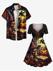 Tenue assortie grande taille pour couple, chapeau citrouille d'Halloween, crâne, lune, imprimé livre - Noir 