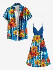Tropical Leaf Hibiscus Flower Watercolor Striped Print Plus Size Matching Hawaii Beach Outfit For Couples -  