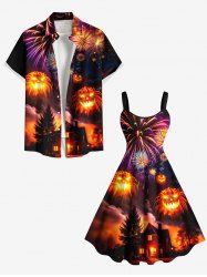 Halloween Pumpkin Fireworks Galaxy Tree Castle Print Plus Size Matching Outfit For Couples -  