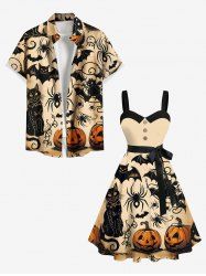 Halloween Pumpkin Bat Spider Cat Print Plus Size Matching Outfit For Couples -  