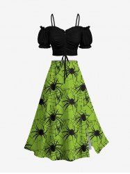 Ensemble assorti grande taille composé d'un haut caraco uni cintré et d'une jupe trapèze fendue à imprimé toile d'araignée et insectes - Noir 
