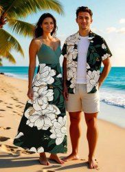 Flower Leaf Print Plus Size Matching Hawaii Beach Outfit For Couples -  