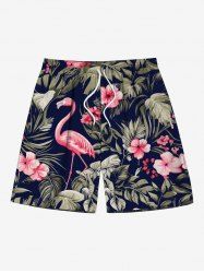 Short de plage grande taille pour homme, imprimé flamant rose, hibiscus, feuilles tropicales, cordon de serrage, poches - Noir 6XL